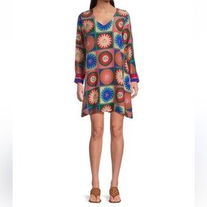 Johnny Was Lionora V-Neck Silk Swing Slip Dress Long Sleeve Sun Print NWT $378